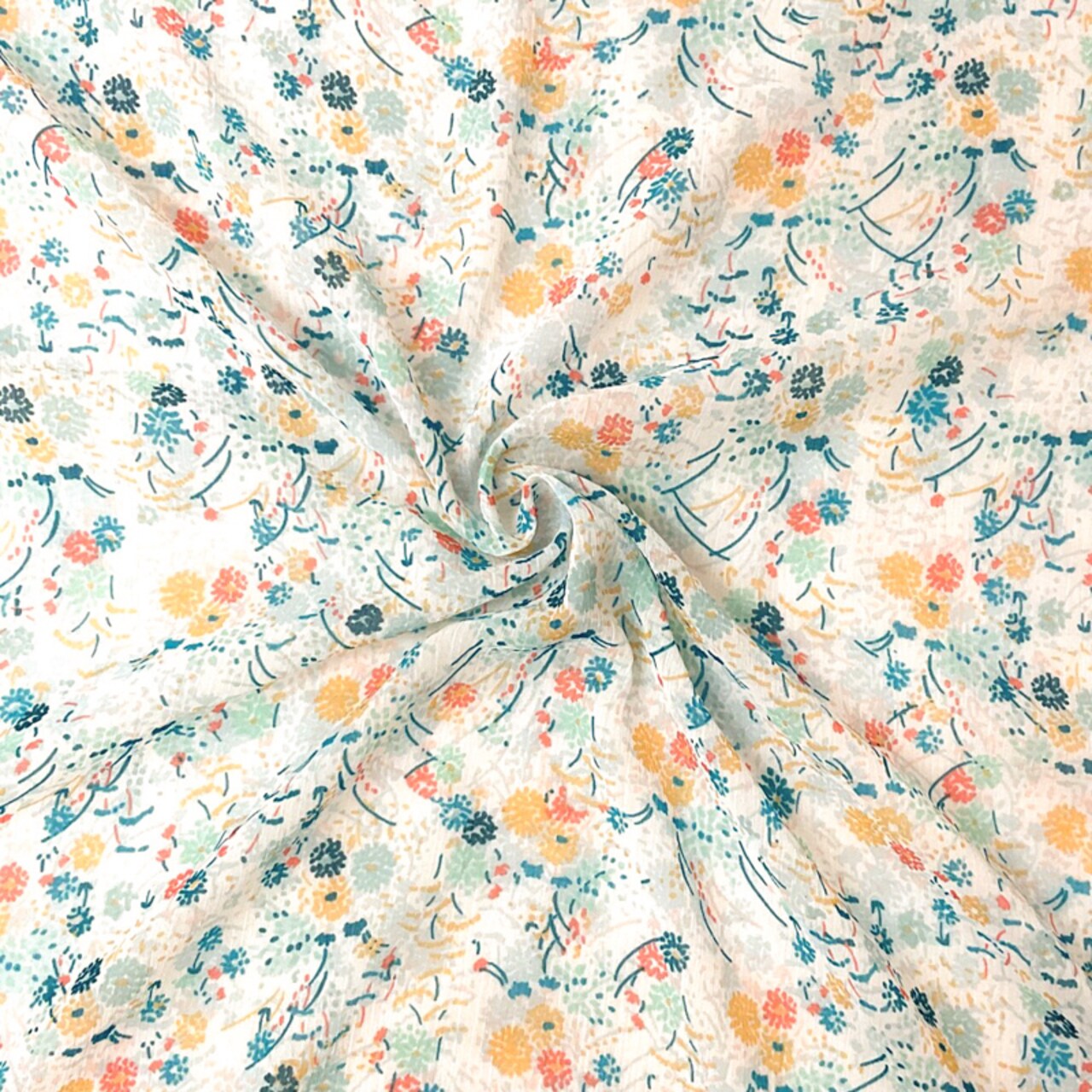 Blue-Multi Poly Floral Printed Crinkle Yoryu Chiffon Woven Fabric By the Yard